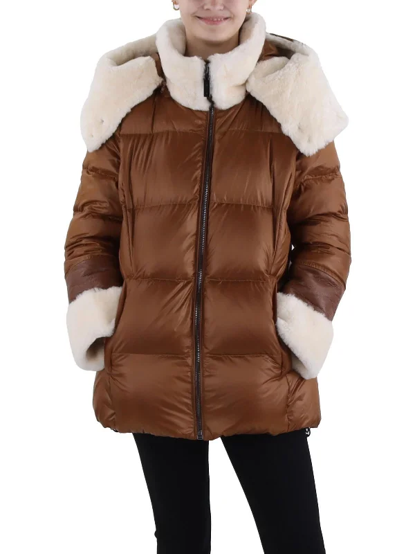 women's mid-length wool coat -Aspen Womens Shearling Trim Down Puffer Jacket