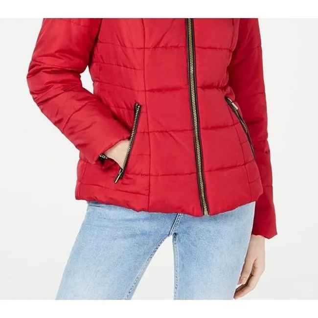 breathable softshell jacket for women -Celebrity Pink Juniors’ Puffer Coat With Faux Trim Hood Red Size Medium