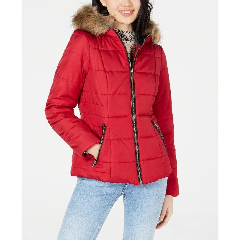 women's faux fur coat -Celebrity Pink Juniors' Puffer Coat With Faux Fur Trim Hood Red Size Extra Small