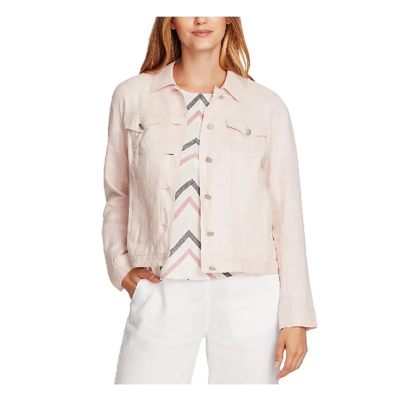 women's long trench coat -Vince Camuto Women's Classic Linen Trucker Jacket Pink Size X-Large