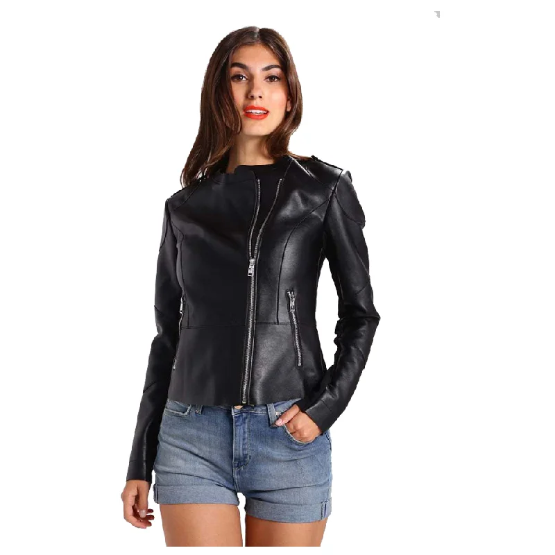 sporty track jacket for women -Women Elegant Fashion Leather Jacket