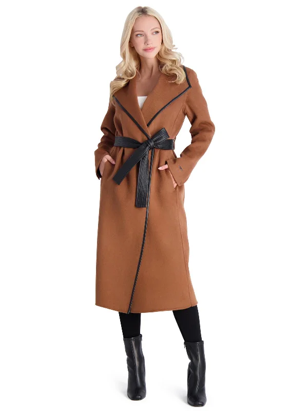 sleek minimalist coat for women -Juliette Womens Wool Blend Faux Leather Trim Wool Coat