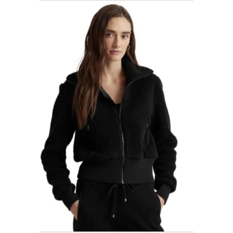 women's biker-style leather jacket -Ralph Lauren Women's Teddy Zip Front Jacket Black Size X-Large