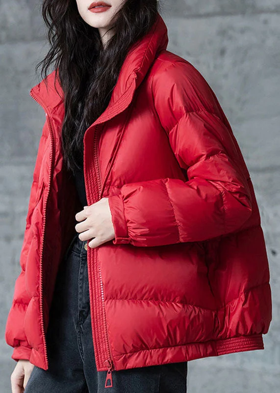 urban style cropped puffer jacket -Red Loose Duck Down Puffers Jackets Stand Collar Zip Up Winter