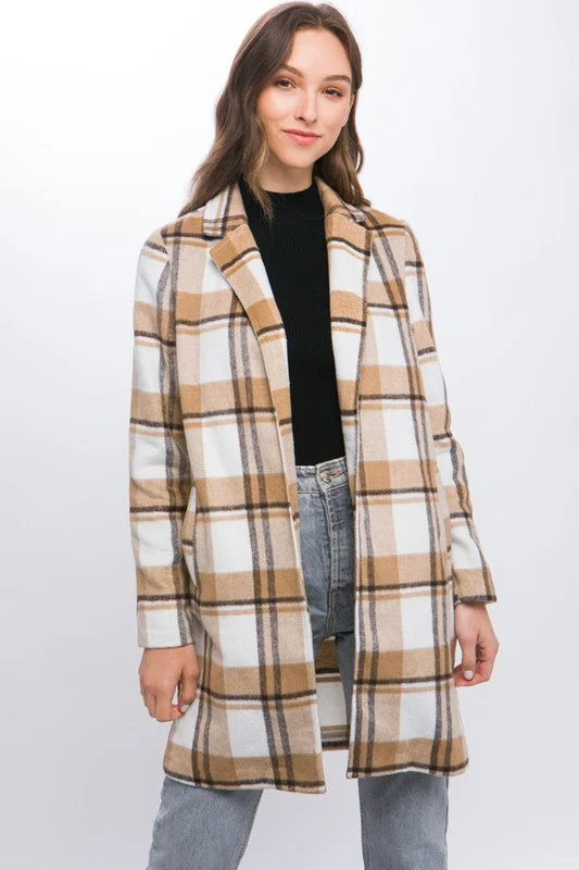 women's elegant cape coat -Georgina Lapel Collared Plaid Wool Blend Full Coat