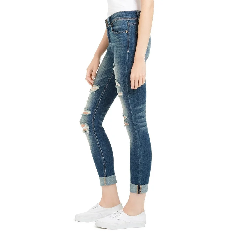 trendy oversized boyfriend jeans for ladies -Indigo Rein Juniors' Distressed Curvy Jeans Blue Size 1